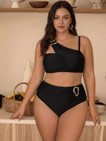Swim Chiccia Plus Size Solid Color Asymmetrical Shoulder Fitted Decor Ring Bikini Set Set