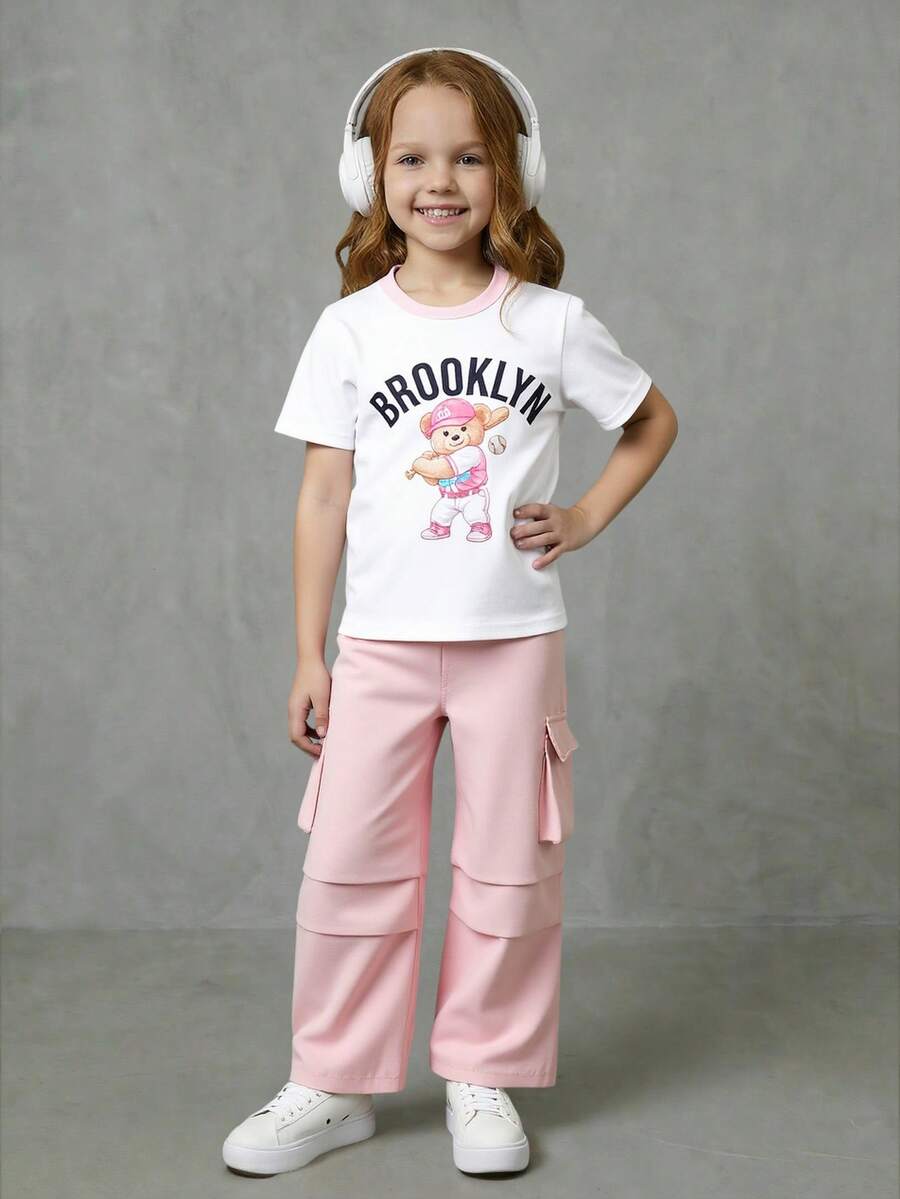 SHEIN Casuvi Kids 两件套女童针织白色短袖T恤和蓝色针织亮片蝴蝶结工装裤,时尚夏季套装 - 粉色 - 查看 1
