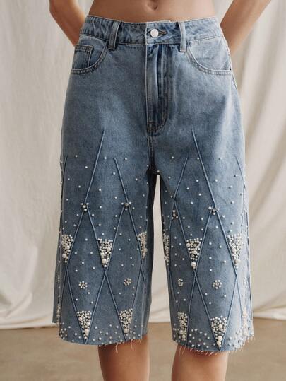 Anewsta Hàng mới về: Quần jeans nữ ống đứng màu xanh dương đính ngọc trai.
