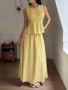 DAZY Bộ 2 món gồm áo không tay và chân váy dài cho nữ, kiểu dáng nghỉ mát, thích hợp cho mùa xuân/hè. - Màu vàng - Xem 4