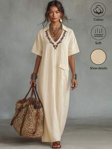 Balvessa Đầm casual cổ chữ V thêu tay dài 3/4 - Màu be - Xem 7