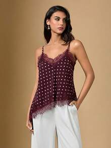 Briarwyn Camiseta de mujer con lunares y encaje asimétrico en el bajo - Rojo - Ver 5
