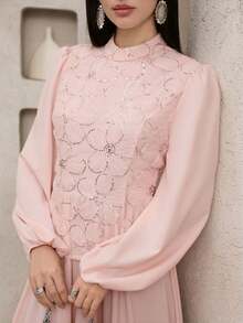 Feyla 女士网纱串珠刺绣不对称下摆长袖连衣裙 - 淺粉色 - 查看 6