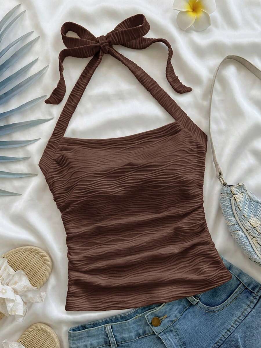 Soleia 女士度假露背白色针织纹理修身吊带衫 - 咖啡棕 - 查看 1