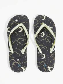Grefit 女士人字拖，梦幻星月图案印花拖鞋，海边度假沙滩鞋，居家日常行走软底拖鞋 - 黑色 - 查看 5