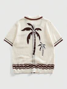ROMWE MEN Casual Men's Jacquard Coconut Tree Hollow Out Single-Breasted Pocket Round Neck Short Sleeve Knit Top, Suitable For Summer Travel And Beach - Coffee Brown - View 7