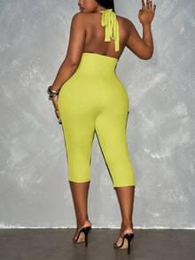 Slaydiva Spring/Summer New Avocado Green Sleeveless Halter Tie-Knot Deep V-Neck Partial Cutout Design High Stretch Ribbed Knit Fabric Plus Size Women Jumpsuit - Yellow - View 2