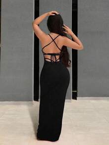 Sirith Váy đen hở lưng dây mảnh màu trơn cho nữ - màu đen - Xem 2
