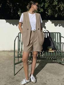 DAZY 女款純色雙排扣背心短褲休閒兩件套 夏季校園風 - 卡其色 - 查看 2
