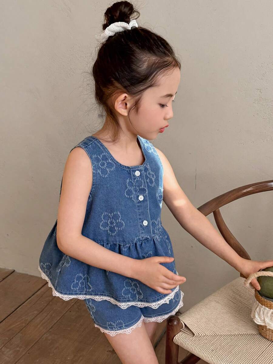 DAZY 2pcs Young Girls Crew Neck Sleeveless Denim Top And Denim Shorts Set, Fall Outfit - Blue - View 1
