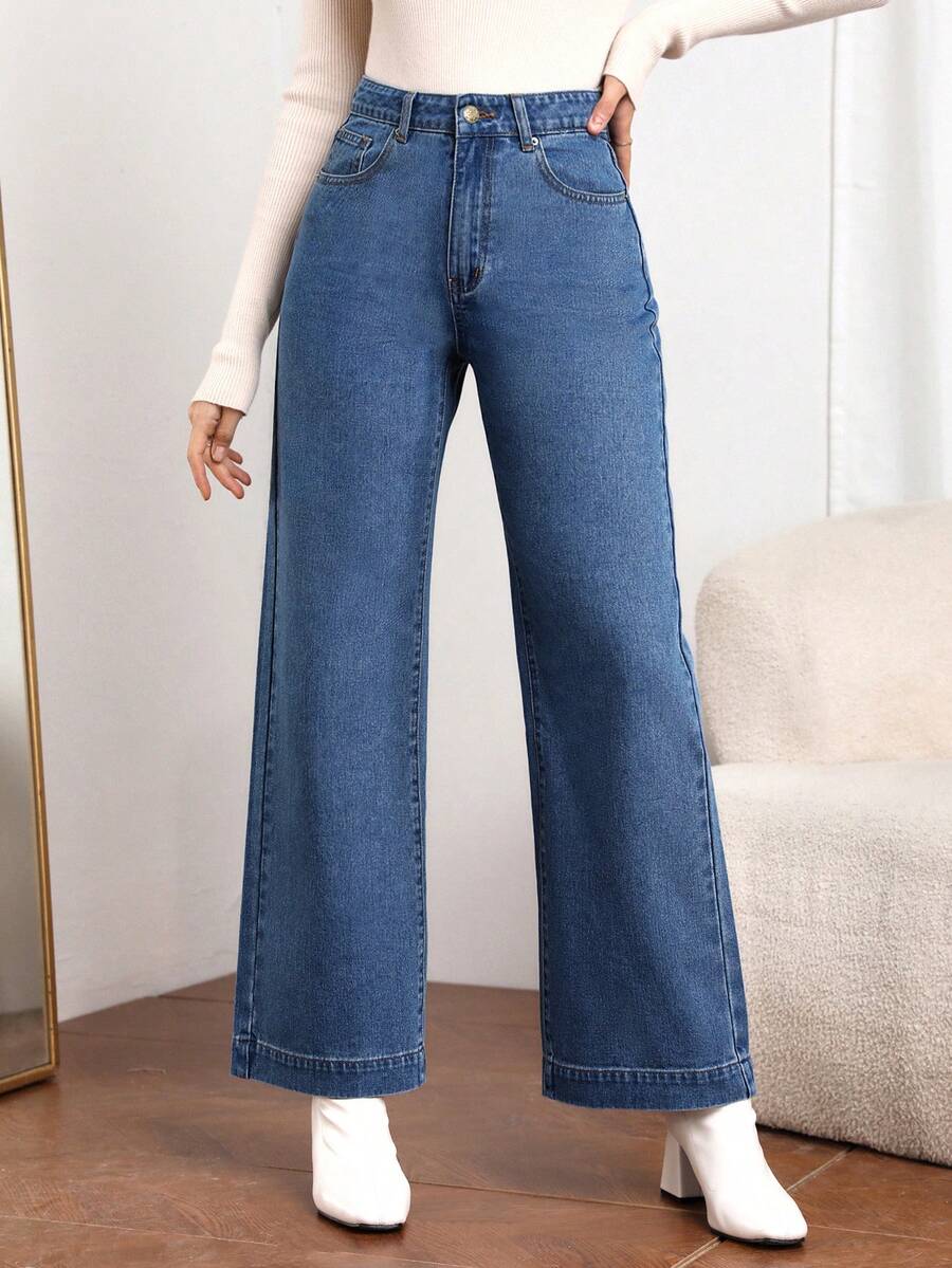 EMERY ROSE Plus Size Women Loose Fit Pockets Wide Leg Casual Jeans - Blue - View 1