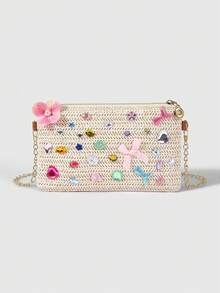 ROMWE Kawaii Handmade Customized Rhinestone Straw Woven Messenger Bag, Flower Bow Decorative Chain Bag, Summer Vacation Style Niche Shoulder Bag (Rhinestone Style Random Location Random) - Multicolor - View 1