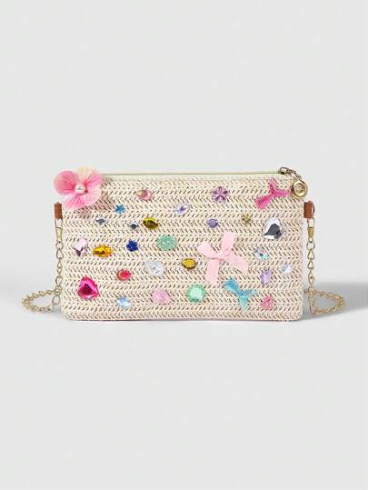 ROMWE Kawaii Túi đeo chéo đan bằng rơm đính đá thủ công theo yêu cầu, túi dây đeo trang trí nơ hoa, túi đeo vai phong cách nghỉ hè độc đáo (kiểu đính đá ngẫu nhiên vị trí)