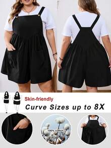 SHEIN CURVE+ Kích cỡ US22, phù hợp cho lễ hội âm nhạc, kỳ nghỉ bên bờ biển, phong cách bohemian. Bộ jumpsuit xếp ly màu trơn, kiểu dáng thường ngày dành cho nữ cỡ lớn, thích hợp cho mùa xuân và mùa hè, với thiết kế hai túi. - màu đen - Xem 2