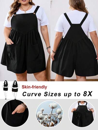 SHEIN CURVE+ Curve 尺码 US22 音乐节、海滨度假、波西米亚风大码女士休闲纯色褶皱连体裤，适合春夏穿着，采用双口袋设计