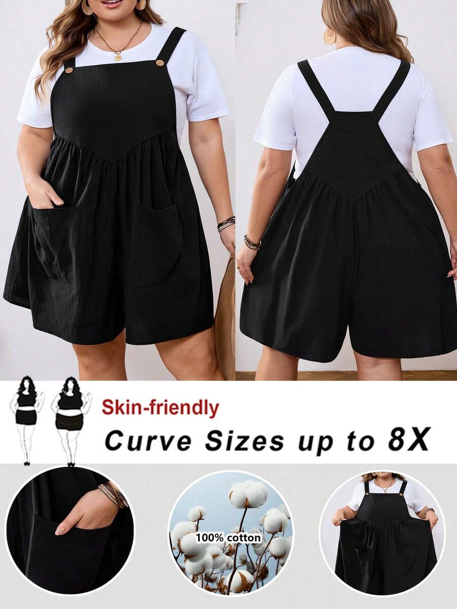 SHEIN CURVE+ Kích cỡ US22, phù hợp cho lễ hội âm nhạc, kỳ nghỉ bên bờ biển, phong cách bohemian. Bộ jumpsuit xếp ly màu trơn, kiểu dáng thường ngày dành cho nữ cỡ lớn, thích hợp cho mùa xuân và mùa hè, với thiết kế hai túi.