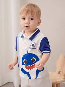 BABY SHARK X SHEIN Polo de manga corta con estampado de tiburón de dibujos animados para bebé niño - Azul - Ver 4