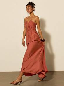 COSMINA Women's Elegant V-Neck Dress, Ruched Bust Design, Suitable For Vacation - Brown - View 5