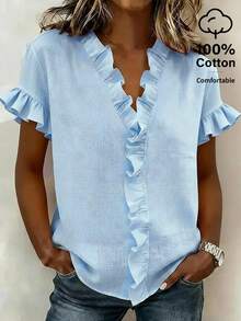 Women's Casual Cotton Blue Ruffle Shirt, Summer Daily Commute & Vacation Top - Blue - View 3