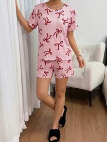 2件套少女及女士时尚优雅简约红色蝴蝶结罗纹印花圆领短袖上衣和短裤休闲舒适睡衣套装 - 彩色 - 查看 7
