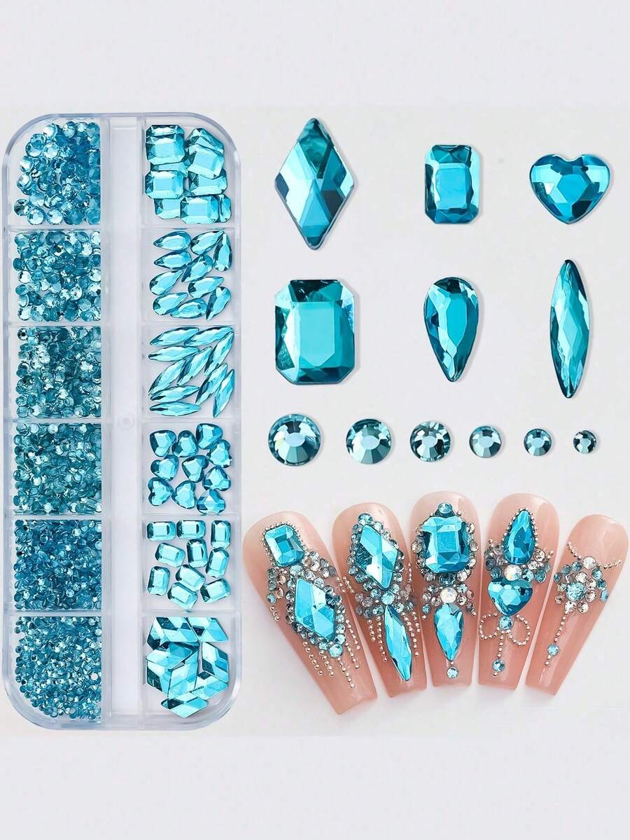 12-Grid Multi-Shaped 3D Flat-Bottomed Nail Rhinestones, Nail Gem Glass ...