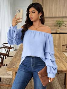 EMERY ROSE Plus Size Women's Casual Solid Color Off-Shoulder Blouse - Baby Blue - View 5