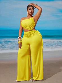 Maweii 大码系带无肩带褶皱休闲连体裤 - 黃色 - 查看 1