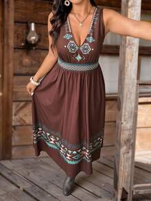 SHEIN LUNE Đầm du lịch biển dáng rộng thoải mái, lãng mạn, thanh lịch, in hoa dành cho nữ cỡ lớn, thắt eo xếp ly, phong cách bohemian nhiệt đới, thích hợp cho mùa xuân và hè. - màu nâu - Xem 5