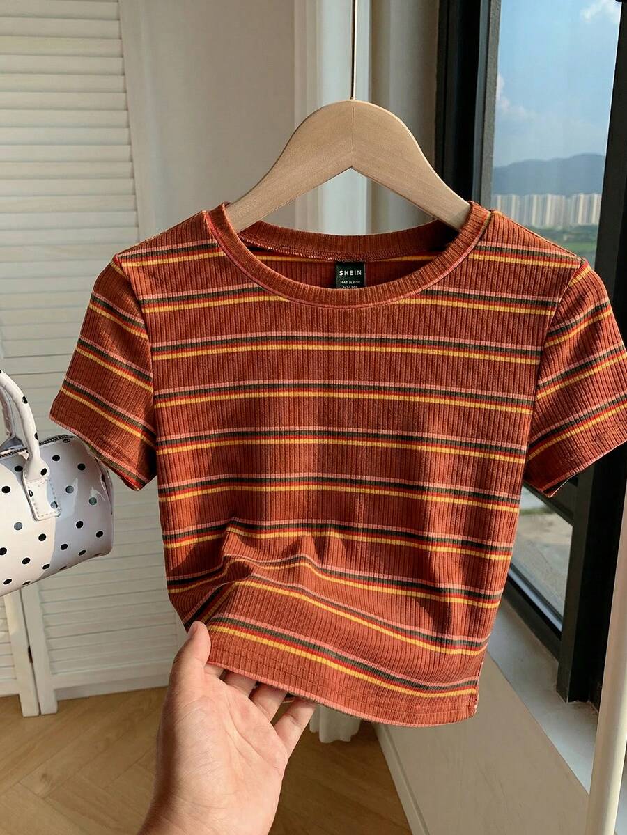 Comfortcana Colorful Striped Knit Fitted Women T-Shirt - Rust Brown - View 1