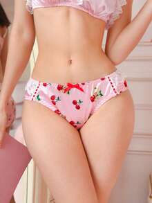 粉色缎面蕾丝拼接樱桃和泰迪熊印花可爱甜美女士内裤 - 粉色 - 查看 4