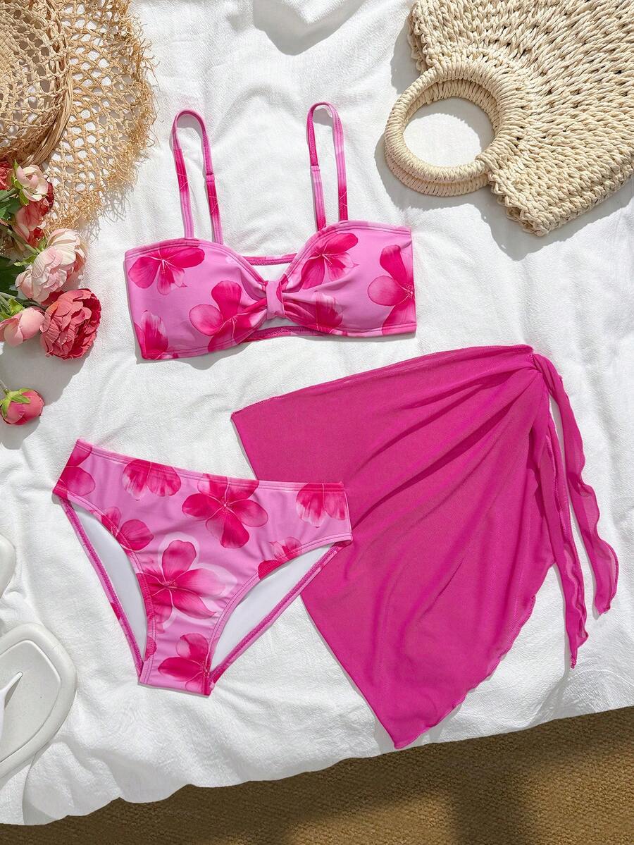 SHEIN Bộ bikini 3 món cho bé gái tuổi teen: Áo tắm dệt kim màu hồng cánh sen + váy, đồ bơi thời trang, thanh lịch, phù hợp cho bơi lội, kỳ nghỉ hè, bãi biển, hồ bơi, tiệc tùng. - Màu Hồng Tươi - Xem 1