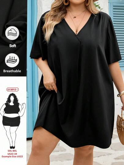 SHEIN CURVE+ Đầm sơ mi chiffon tay ngắn thanh lịch mới dành cho nữ, kiểu dáng thường ngày/công sở, cổ chữ V, tay bồng dáng rộng, dài ngang gối, đầm thun cỡ lớn, đầm đi nghỉ mát cỡ lớn, đầm đen cỡ lớn, đầm đen cổ chữ V.
