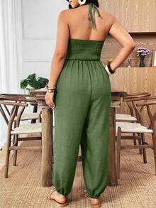 Weeklong Plus Size Women Solid Color Pleated Halter Tie Casual Jumpsuit Pants For Daily Wear - Mint Green - View 2