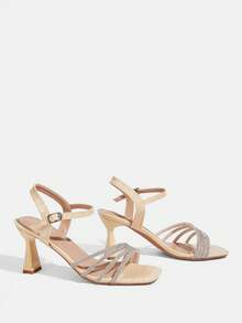 CUCCOO TILAWA Sandal Hak Tinggi Elegan Wanita dengan Ujung Persegi dan Hiasan Berlian Imitasi, Bahan PU Motif Batu Aprikot Gelap, Sepatu Musim Semi, Liburan Musim Semi, Paskah, Sepatu Makan Malam, Natal, Sepatu Hak Tinggi Musim Panas untuk Hari Valentine - Aprikot gelap - View 4