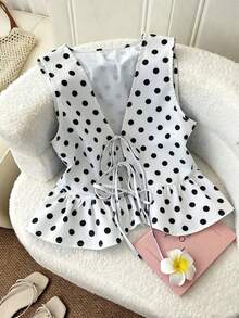 Resyla Áo hai dây buộc phía trước in họa tiết chấm bi dáng casual dành cho nữ, thích hợp cho mùa hè. - Nhiều màu - Xem 1