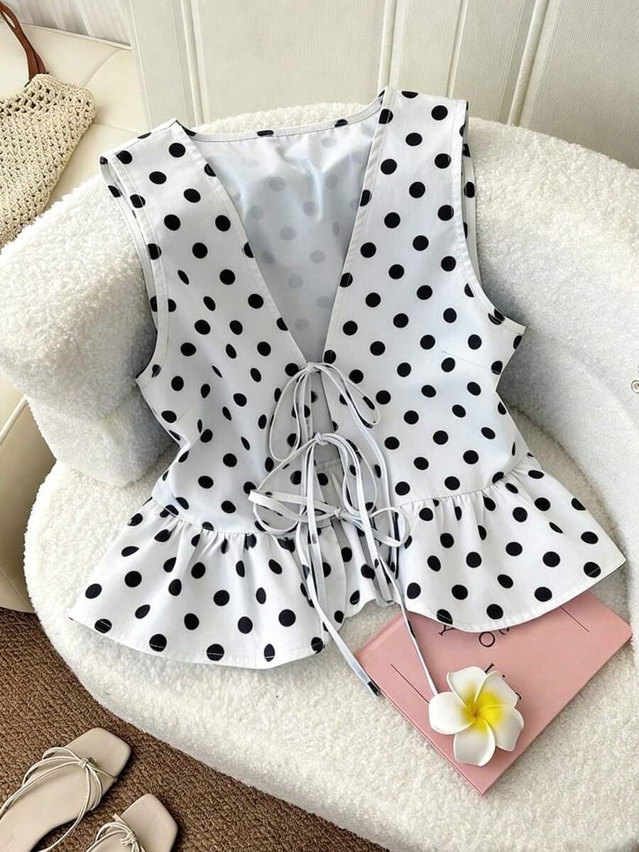 Resyla Áo hai dây buộc phía trước in họa tiết chấm bi dáng casual dành cho nữ, thích hợp cho mùa hè. - Nhiều màu - Xem 1