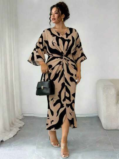 Elenzga Plus Size Women's Printed Twist Waist Ruffle Sleeve Fitted Elegant Dress