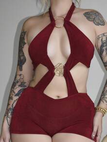 Arliah 新款休闲度假西部海滩婚礼宾客着装毕业早午餐女士服装圣帕特里克节春假复活节音乐节优雅波西米亚热带浪漫情人节圣诞节性感露背吊带酒红色金属镂空连体裤 - 酒紅色 - 查看 3