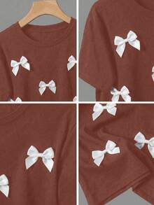 Franclia Casual H-Shaped Round Neck 3D Bow Short Sleeve Brown T-Shirt For Women, Summer - Rusty Rose - View 3