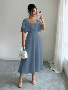 Modelyn Đầm mùa hè kiểu Pháp dành cho nữ, màu vàng bơ trơn, chất liệu chiffon, thiết kế tay bồng. - Xám Xanh - Xem 4
