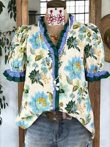 SHEIN CURVE+ Plus Size Woven Printed Casual Resort Summer Women's Shirt - Multicolor - View 7