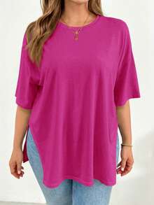 SHEIN Essnce Áo thun ngắn tay màu đen xẻ tà, kiểu dáng đơn giản, thoải mái, rộng rãi, cơ bản dành cho nữ, thích hợp mặc đi chơi, đi sân bay, phong cách mùa hè châu Âu. - Màu Đỏ Sâu - Xem 4