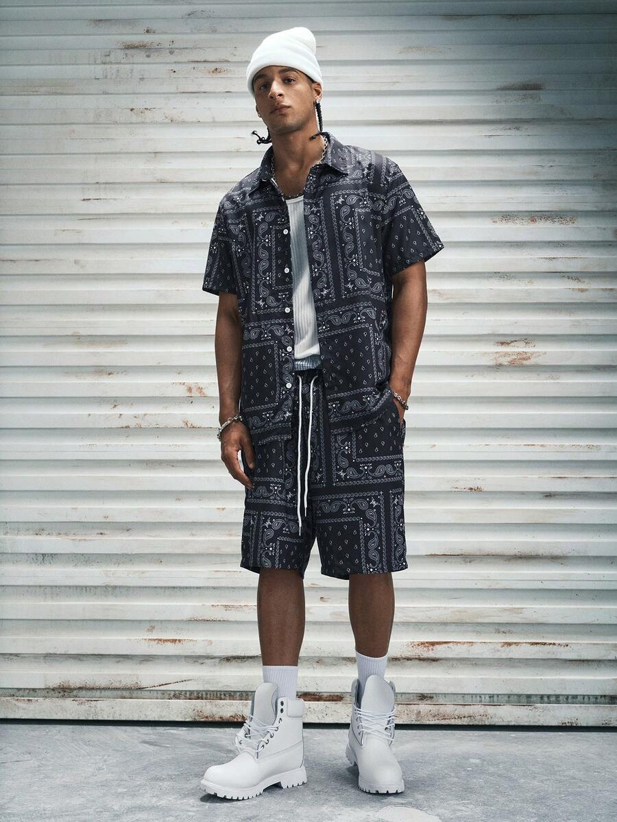 Modcrash Men's Paisley Print Short Sleeve Shirt And Shorts 2 Pieces Set With Single-Breasted Button, Elastic Waist Drawstring And Pockets , Retro American, Unisex, Relaxed Fit Summer Outfits – Suitable For Everyday Wear And Summer Holiday Outfits. - Black - View 1