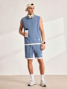 Driftmere 男士休闲字母拼布圆领背心和短裤套装，夏季蓝色两件套男士舒适服装 - 霧霾藍 - 查看 8