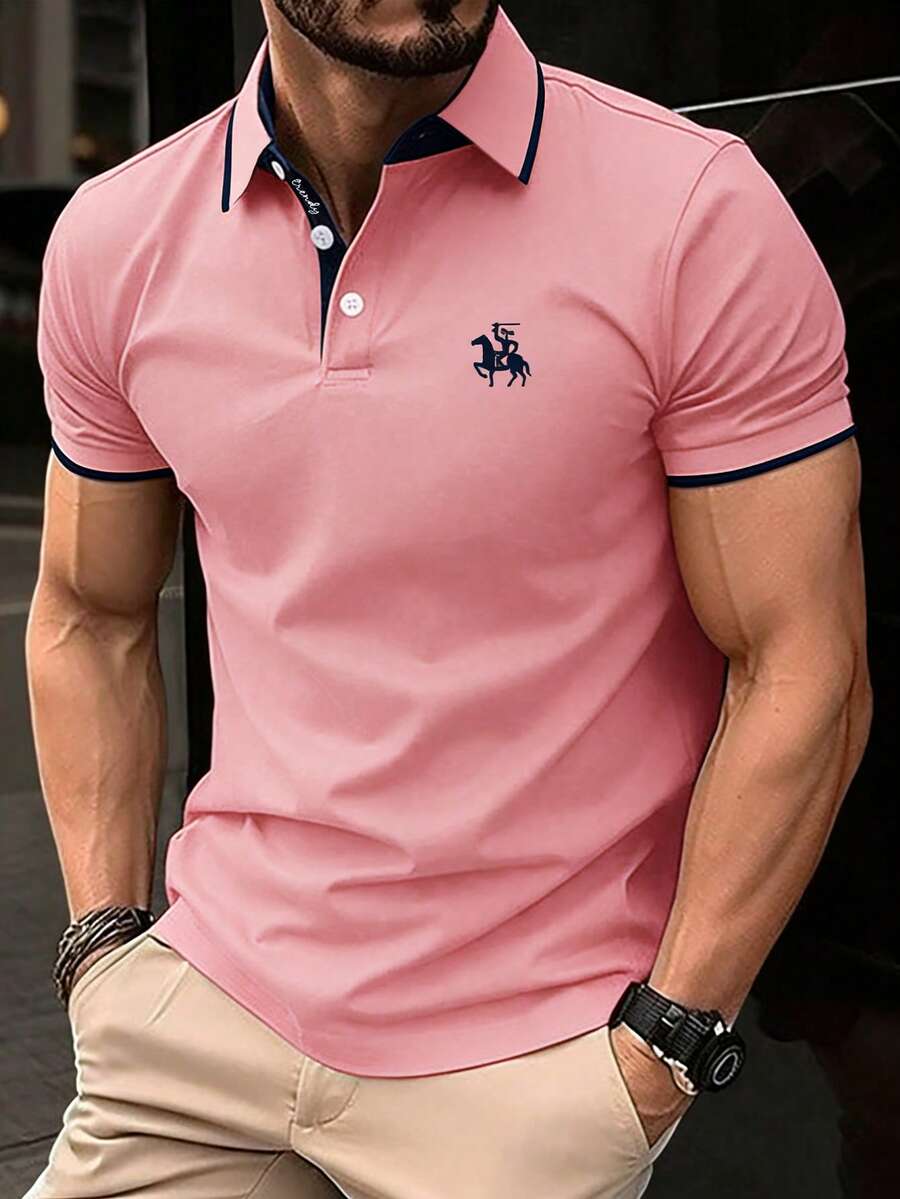 Calvornis 加大码男士骑士印花短袖休闲通勤 Polo 衫,正式场合 - 粉色 - 查看 1