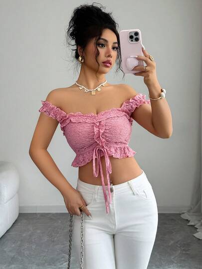 Elenzga Áo kiểu nữ thanh lịch, thời trang, phù hợp đi làm, thoải mái, duyên dáng, cổ điển, tối giản, cao cấp, lãng mạn, đi nghỉ mát, dịu dàng, không tay, trễ vai, thắt eo, ôm sát, ren jacquard, xếp ly phía trước, viền bèo nhún, ngắn, màu trơn.