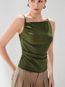 Aveloria Modichic Women's Chic Olive Green Summer Asymmetrical Pleated Cami Top,Slim Fit Ruched Boat Neck Strapless Solid Color Modern Tops For Brunch Nightclub Party - Army Green - View 6