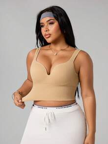 SHEIN Rhythm Era Plus Size Women Solid Ribbed Casual Fitness Sports Bra Beige Top Summer Outfits Curve Sporty Look Ribbed Crop Top - Apricot - View 5
