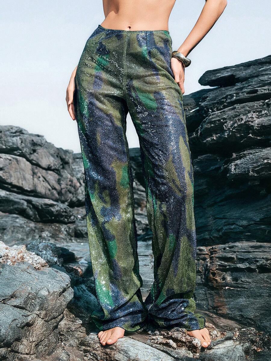 Femmeiva Pantalones rectos con lentejuelas brillantes, de moda para fiestas en discotecas - Multicolor - Ver 1
