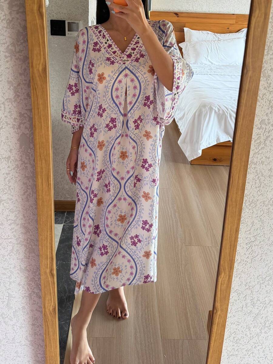 DAZY Floral Print V-Neck Loose Long Dress, Women Summer Sleepwear - White - View 1